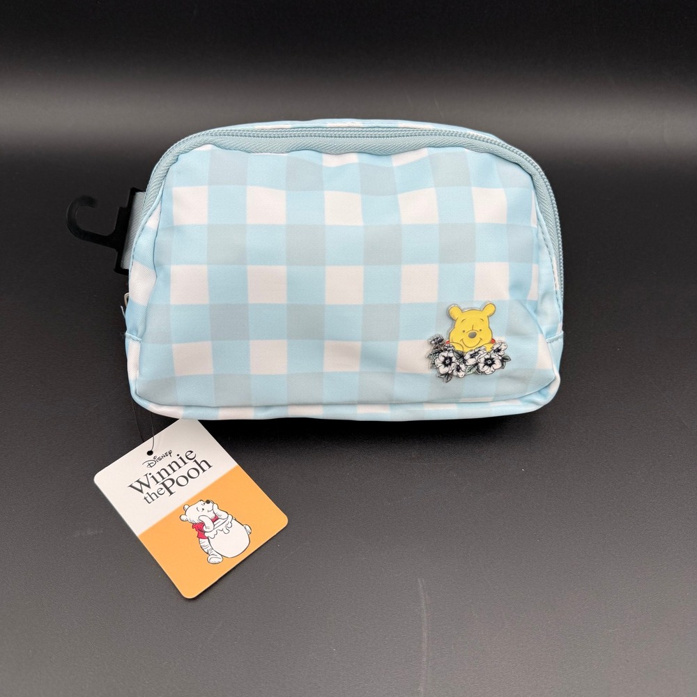 Disney Winnie Pooh Gingham Fanny Pack Blue White Bioworld Waist Bag Enamel Pin